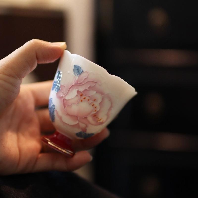 Pure handmade flower mouth master cup hand-painted stacking peony tea cup high-grade gold-painted tea cup Kung Fu tea