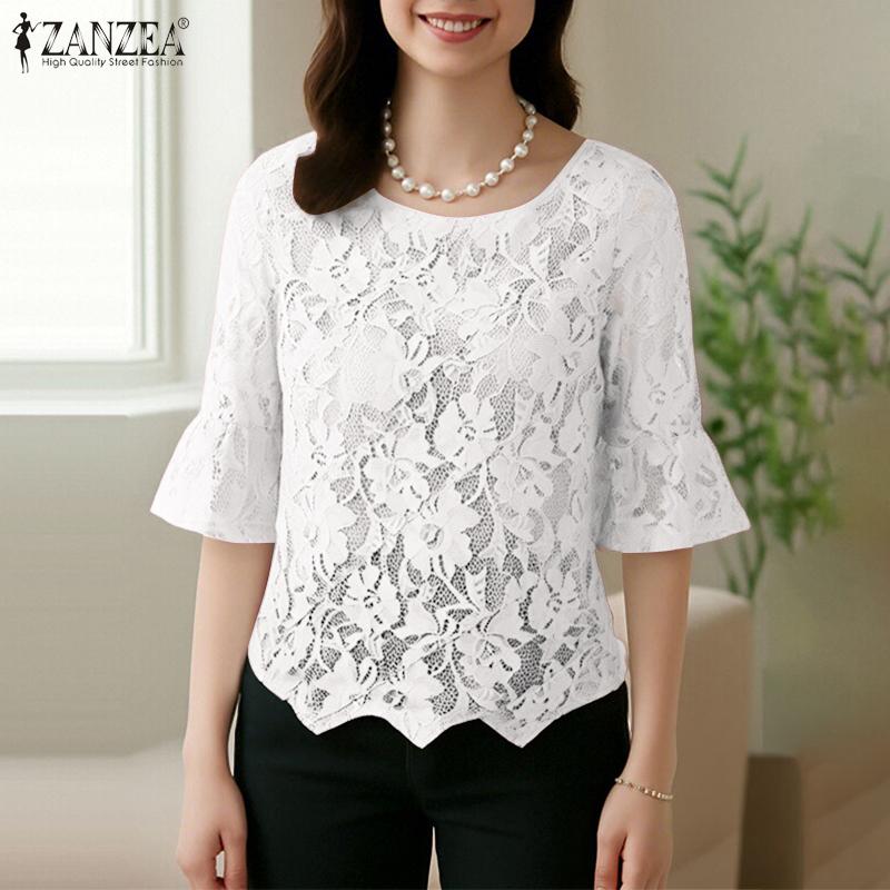 ZANZEA Women Casual Round Neck Half Sleeve Patchwork Lace Blouse