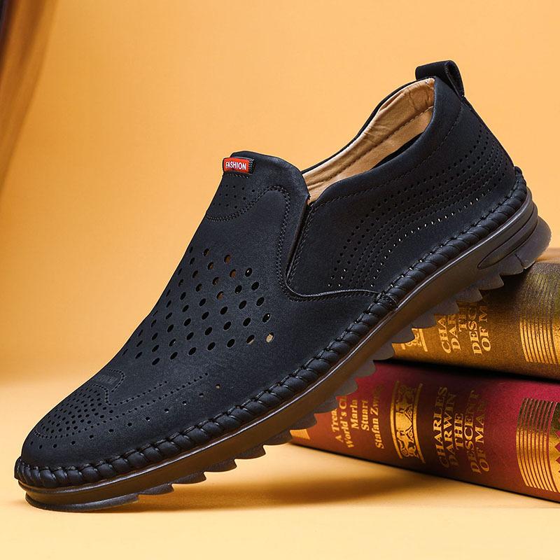 

Летние новые мужские сандалии, обувь с отверстиями, полые повседневные кожаные туфли, дышащие мужские белые мужские туфли на одной педали 43 чёрный