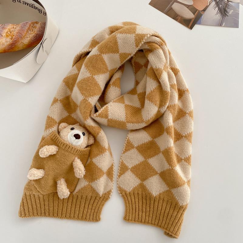 Cute bear short knitted handmade DIY scarf women's winter warm versatile student wool scarf