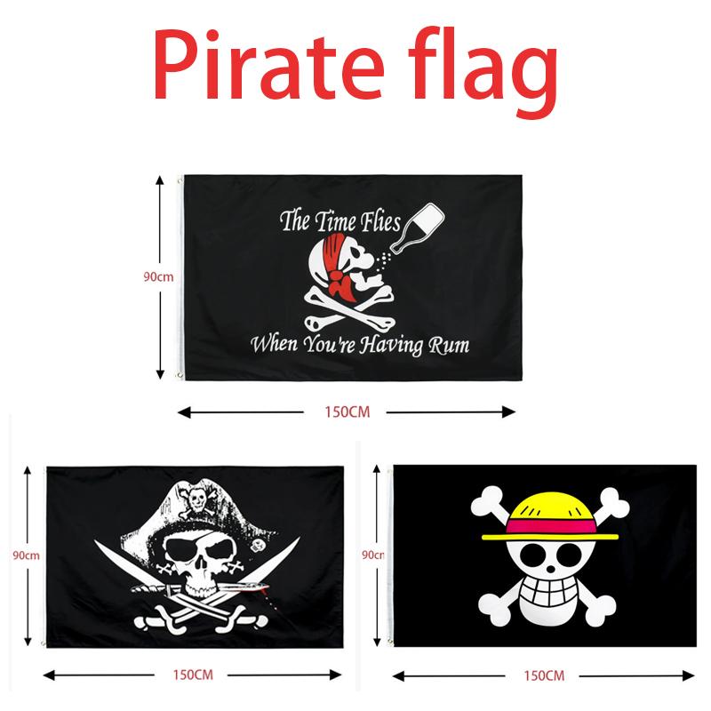 Latest Selling  90*150Cm Polyester Pirate Monkey D.Luffy Skull Flag  Straw Hat Pirates Trumpet Banner Flag For Kids