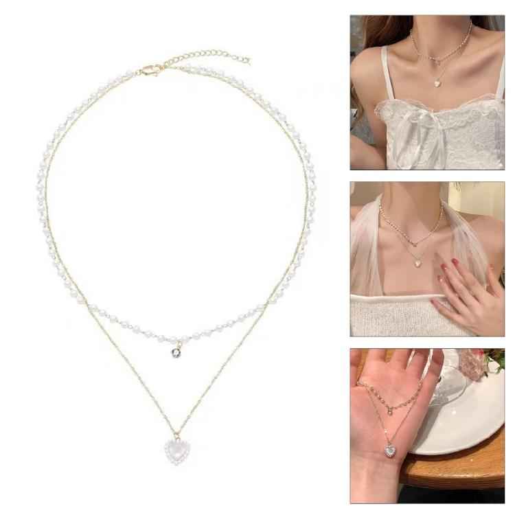 Love Heart Pendant Necklace with Pearls Women Neck Jewelry Alloy Texture Beads Necklace Suitable for Parties and Wedding