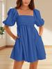 Womens Square Neck Babydoll Dress Puff Sleeve Smocked Backless Mini Dress