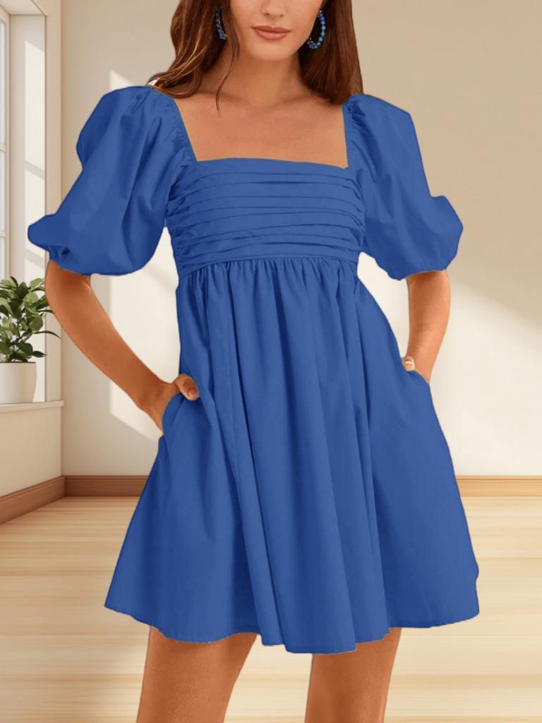 Womens Square Neck Babydoll Dress Puff Sleeve Smocked Backless Mini Dress