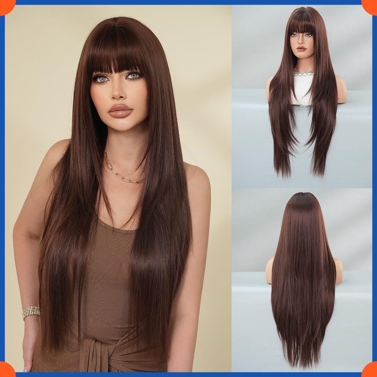 

Європейський перук Жіночий модний довгий перук з чубчиком HW9172 коричневий