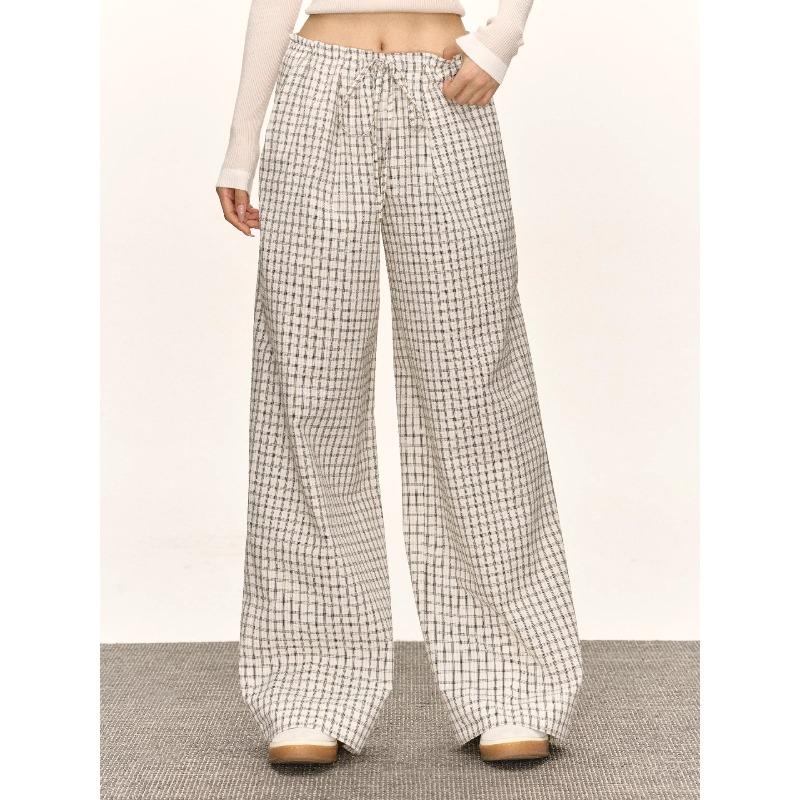 American Retro Thin Blue Plaid Casual Pants Women's Summer New Low-rise Loose Wide-leg Pants