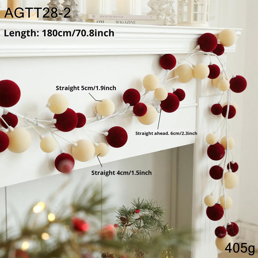 1,8M Weihnachtskugel Kunststoff Beflockt Schnurornament Amerikanischer/Europäischer Stil Tür- & Wandbehang Feiertagsdekoration