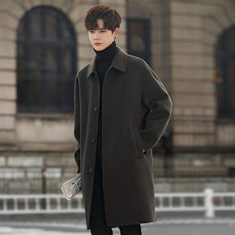 Hochwertiger Herren-Mittellanger Mantel aus 100% Wolle - Beidseitig, Schlichtes Design für Herbst/Winter