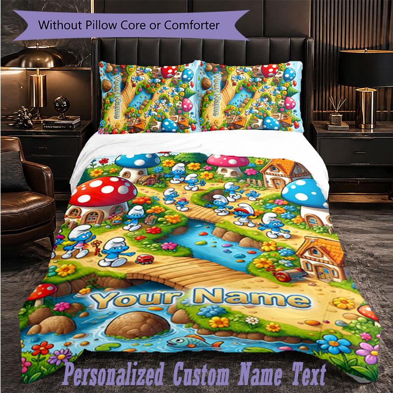 Personalized 3Pcs Bedding SetSmurfs Custom Text Duvet Cover Pillowcase Set Bedroom Gift