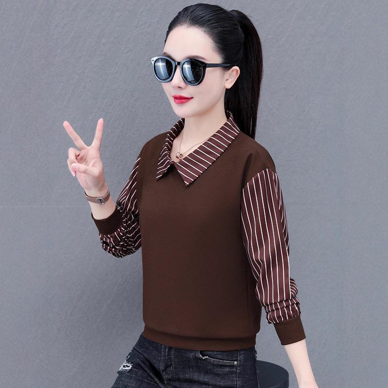 Dámská Podzimní Zimní Nová Móda Pruhovaná Falešná Dvouvrstvá Mikina s Kapucí Límcem Dlouhý Rukáv Tenká Ležérní Univerzální Základní Vrstva Top