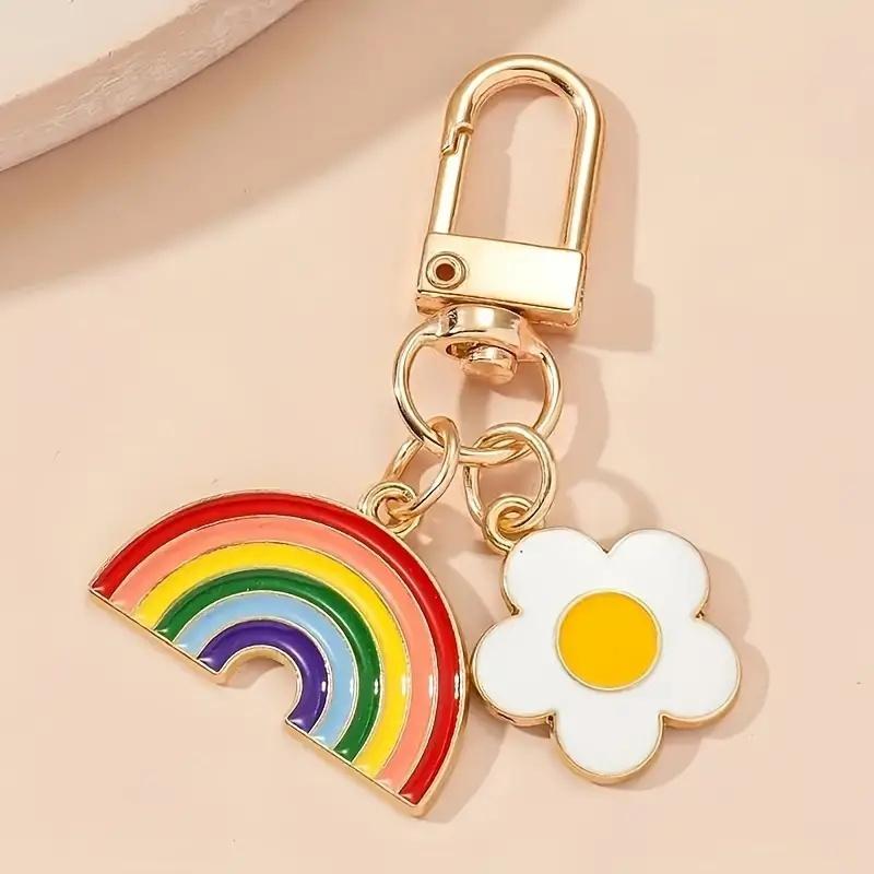 Vibrant Golden-Tone 1pc Rainbow Heart Pendant Keychain | Colorful Striped Rainbow & White Daisy Design for Phones, Cars, and Backpacks