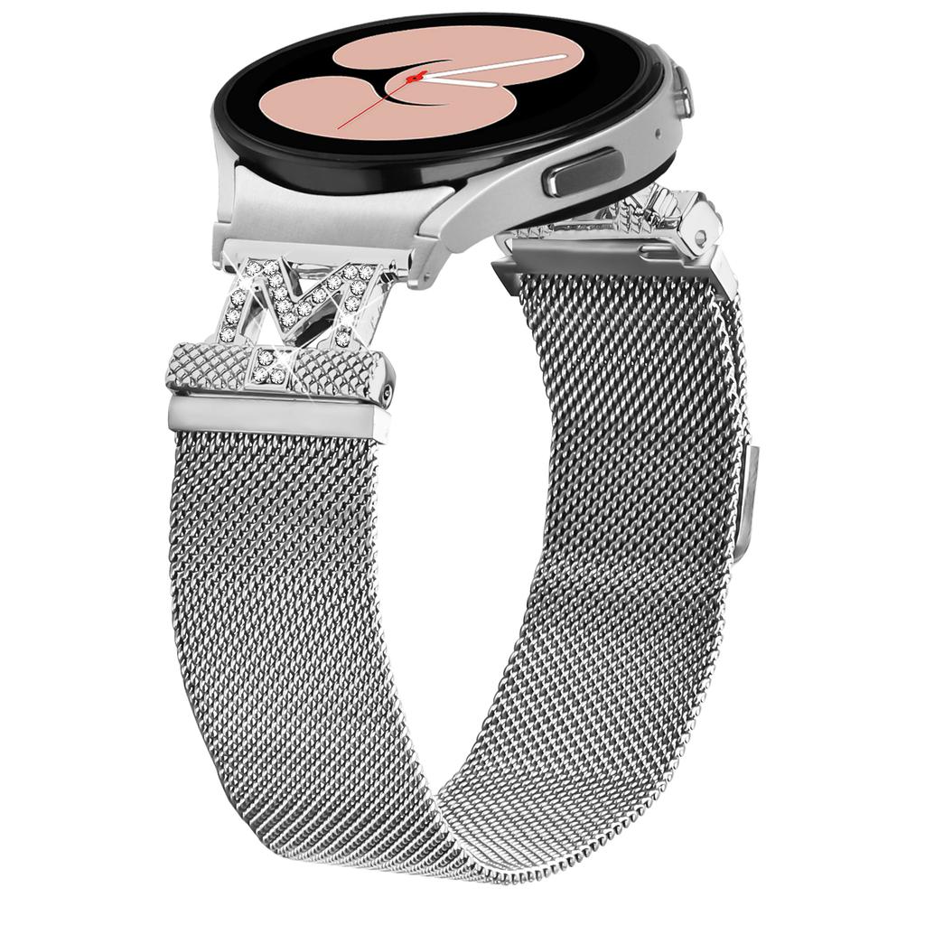 Metal Strap with Connector for Samsung Galaxy Watch 5 Pro/5/5 Active/4/4 Active/4 Classic M-Type Milanese Silver Watch Band Rhinestone Decor