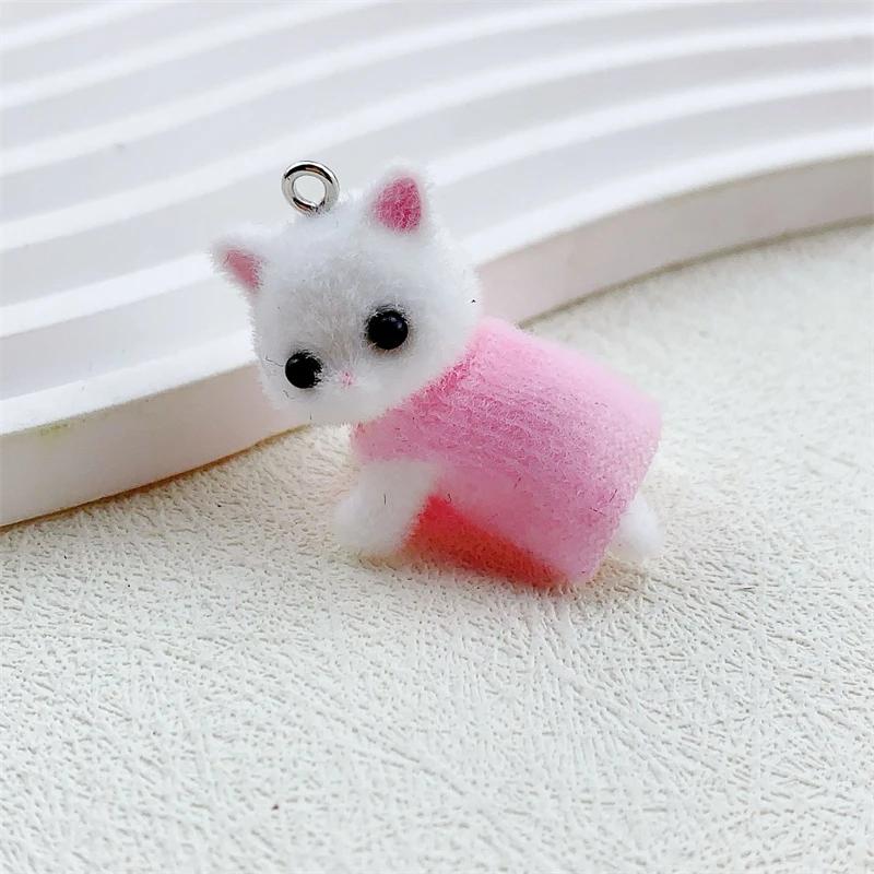 Dress Cat Pendant Cute 3D Hairy Flocking Animal Cat Charms Miniature Dolls Keychain Necklace Pendant DIY Crafts Jewelry Make