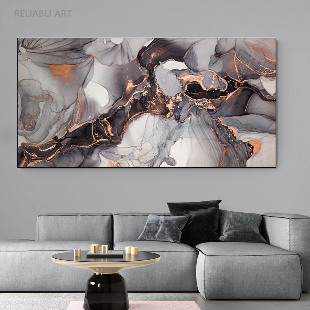 Abstract Dark Gray Blue and Gold Fluid Art Canvas Painting Luxury Gold Foil Posters and Prints for Living Room Decor Cuadros