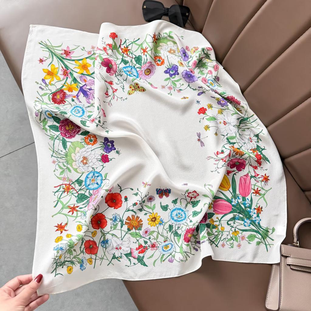 Retro Old Money Wind Silk Double Crepe Silk Scarf Women's Spring and Summer Senior Sense Versatile 100% Mulberry Silk Square Scarf Thin Scarf