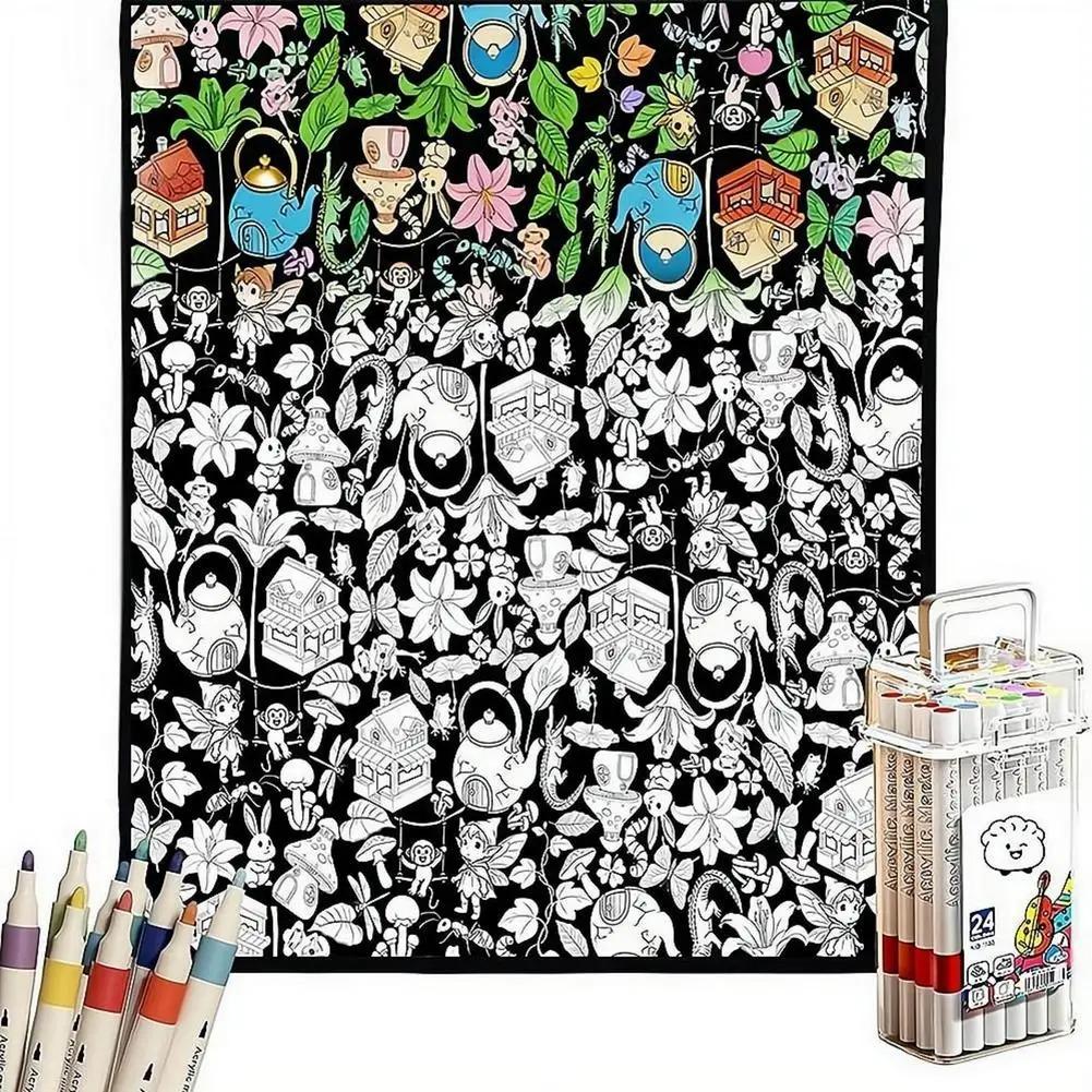 DIY Coloring Blanket With 24 Color Acrylic Markers Floral Theme Cloth Painting Throw Blanket For Sofa Bedroom Decor Gift