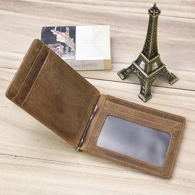 Men'S Leather Card Clip Crazy Horse Leather Retro Dollar Clip Rfid Anti-Magnetic Wallet