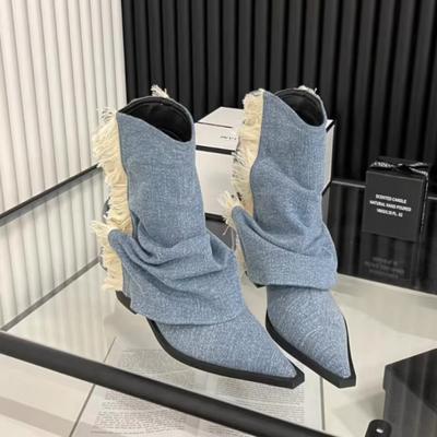 Nouvelles Chaussures pour Femmes Talon Carré Pointu Mode Bottes pour Femmes Manche Denim Talon Moyen Bottes pour Femmes Botas De Mujer