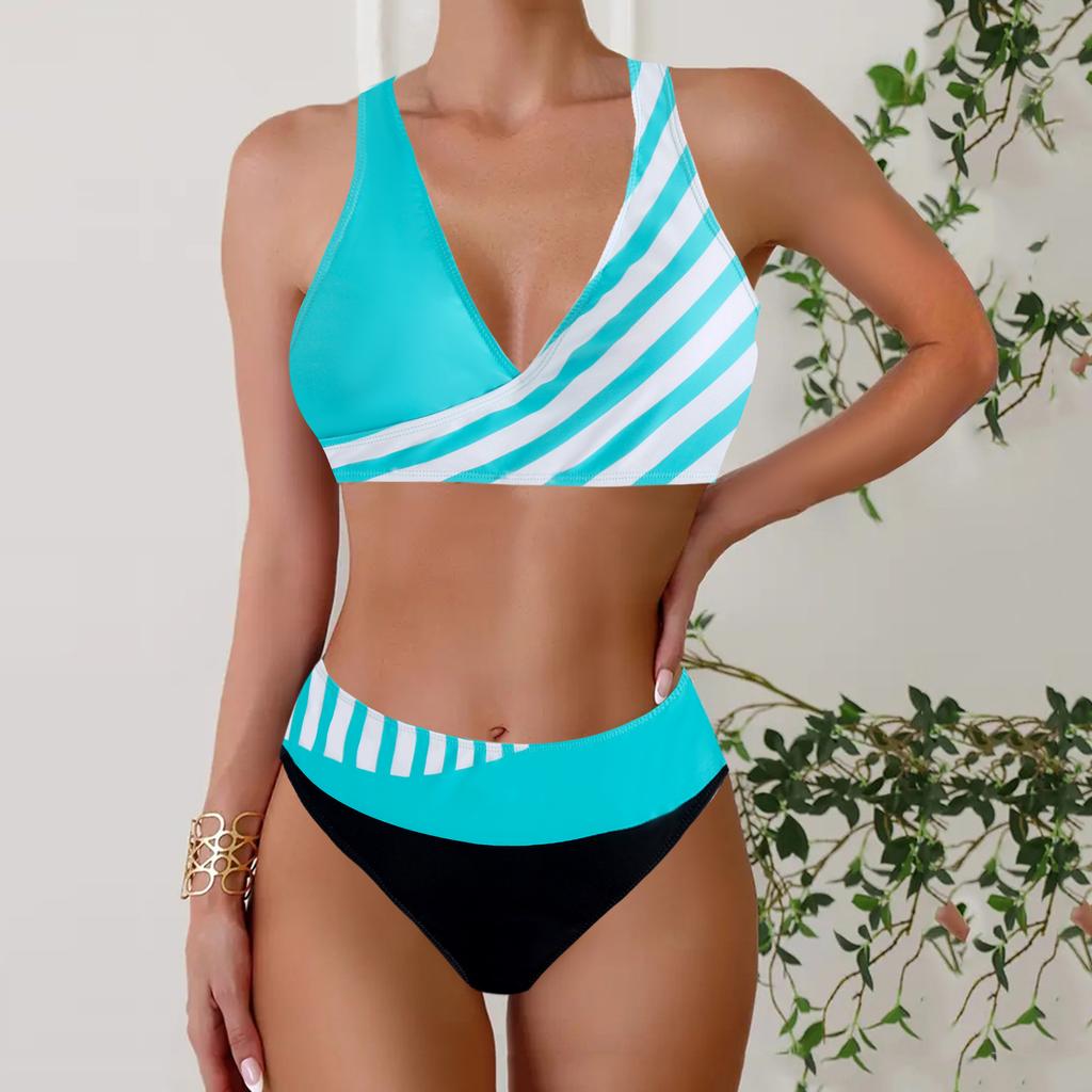 Women's Halter Half Edge Stripe Print Bikini Tankini Swimsuit