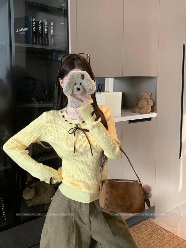 Korean Academy Bow Tie Lace-up Long Sleeve Knitwear: Women's Slimming Base Layer Sweater for 2025 Autumn/Winter