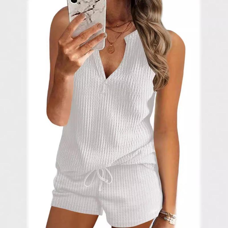 

YYFS Женская мода Повседневная Летняя Весна Однотонные принты Без рукавов V-образный вырез Блузки и рубашки Брюки Костюмы XL белый