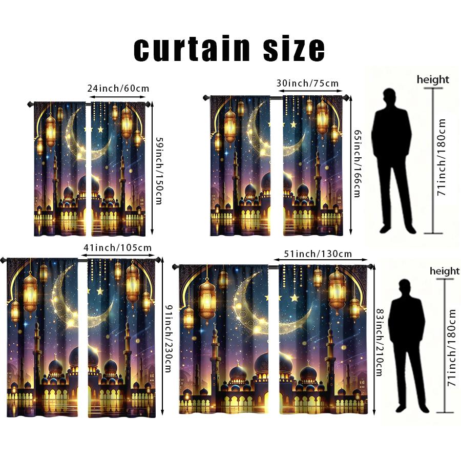 2PCS Gilded Star Moon Islamic Night Scene Curtains   Sparkling Festival Breeze   Bedroom and Living Room   Pull up Pocket Style