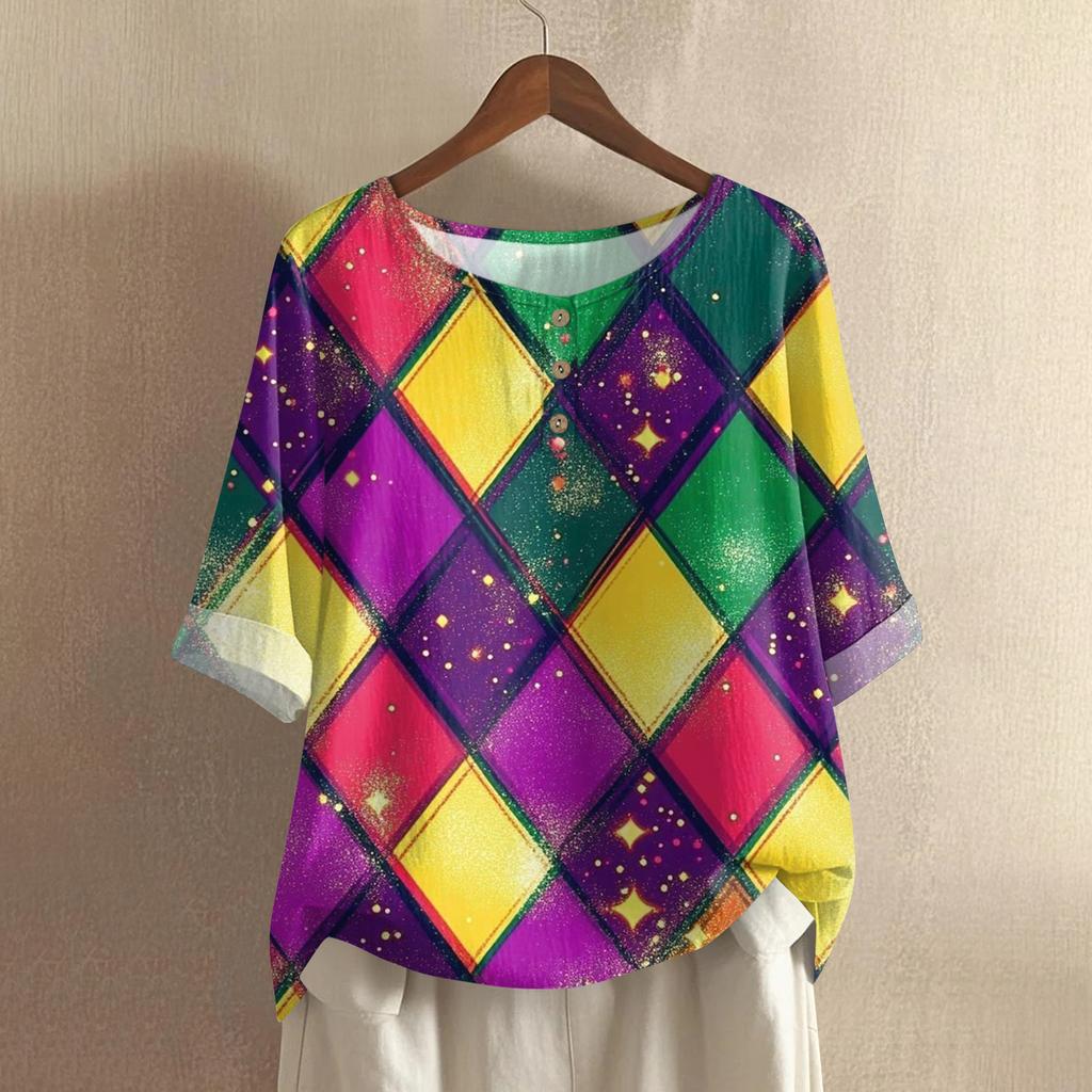Women's Carnival Printed Casual Mid Sleeve Round Neck Cotton And Hemp Top