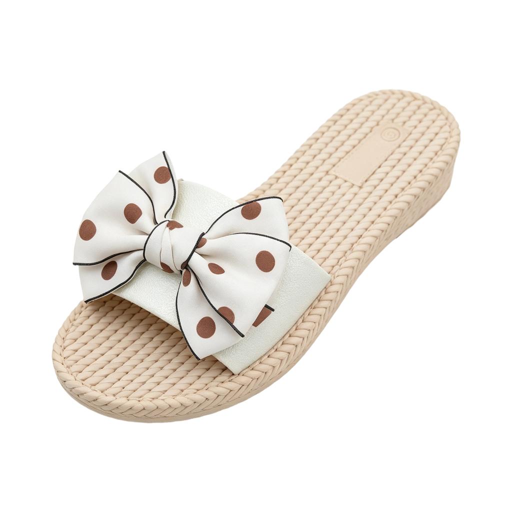 Womens Polka Dot Bow Espadrille Platform Slide Sandals Open Toe Flat Beach Shoes with Woven Sole
