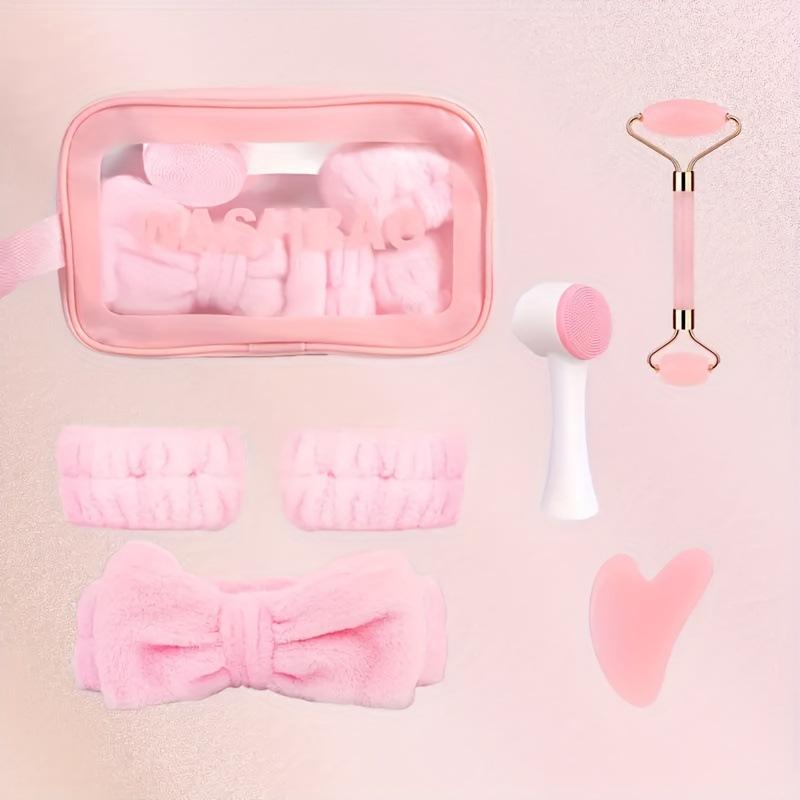 

6Pcs Pink Skincare Kit with Wash Bag, Jade Roller, Gua Sha, Cleansing Brush, Headband & Wristbands, Complete Facial Care Set 7PCS рожевий