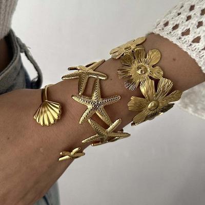 2026 Exaggerated Metal Shell Starfish Bracelet for Women Fashion Gold Color Stainless Steel Cuff Bangle Beach Party Jewelry