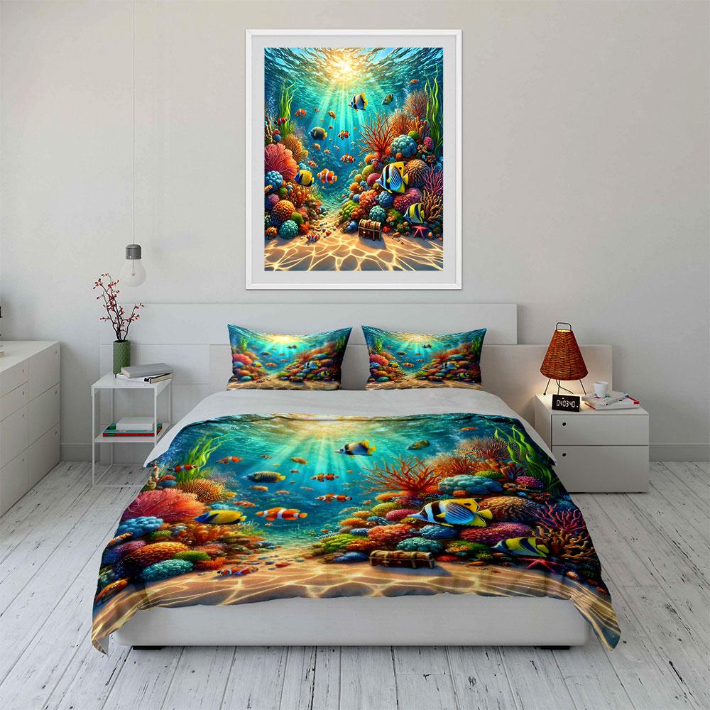 Underwater Coral Reef Scene. Print Bedding Set 1 Duvet Cover 2 Pillowcases For Adult And Children Luxury Gift Full Size