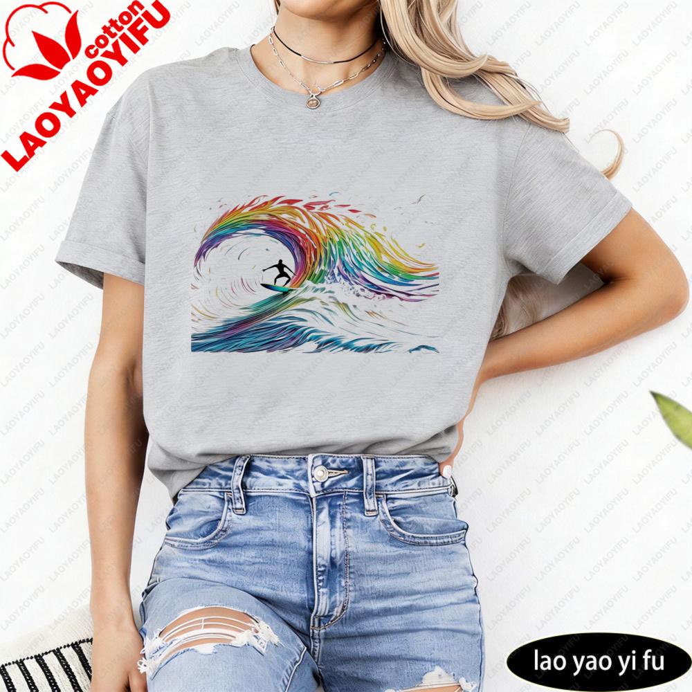 Vibrant Rainbow Wave Surfer TShirt Abstract Artistic Psychedelic Unisex Shirt Unisex Unisex Fashion Casual Crewneck Cotton Tee Tops