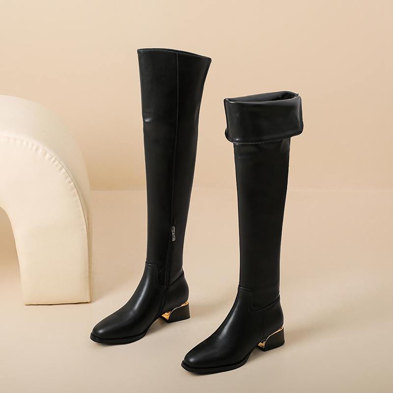 Krazing Pot Cow Skin Microfiber Round Toe Med Heels Over-the-knee Boots Size 46 Size 45 Slip on Plus Size Women Keep Warm Long Boots