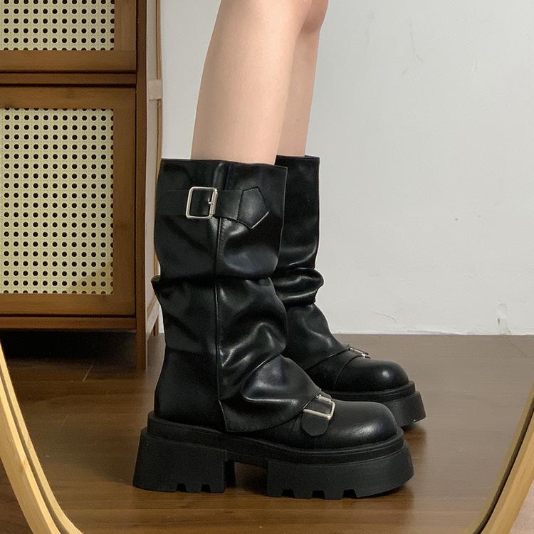 Brown Versatile Thick-soled Heightening Martin Boots Women's New Spring and Autumn Winter Retro Mid-boots