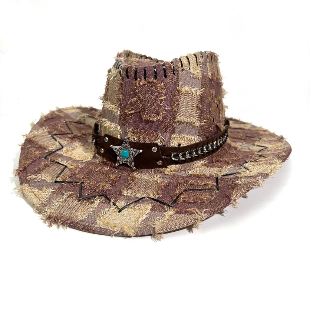 Retro Blue Western Cowboy Hat Women'S Spring And Summer Travel Sun Protection Big Brim Sun Hat Burr Rim Knight Hat Men