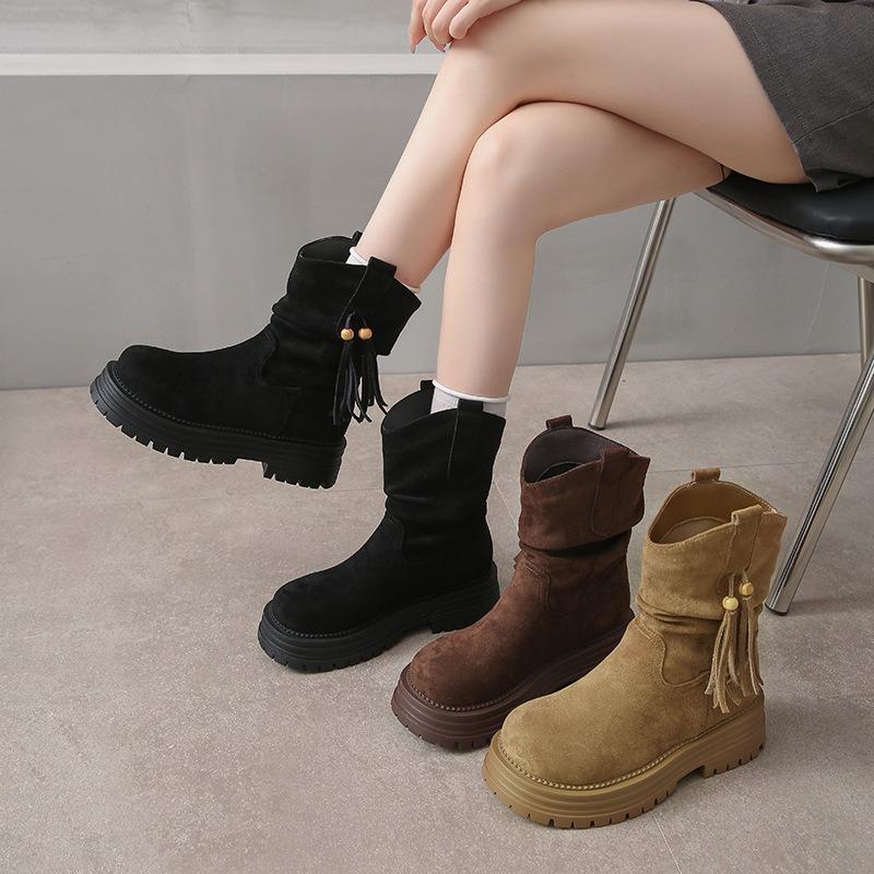 New autumn and winter Maillard fringed short boots women's retro medium tube Martin boots thick heel western pile knight boots