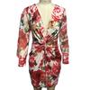 Tief ausgeschnittenes Netz-Langarm-Kleid mit hoher Taille, Hüftumschlag, Chiffon, lebendiger Blumendruck, Taillenknoten, Bodycon-Kleid, Partykleidung