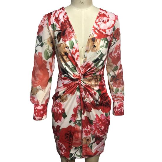 Tief ausgeschnittenes Netz-Langarm-Kleid mit hoher Taille, Hüftumschlag, Chiffon, lebendiger Blumendruck, Taillenknoten, Bodycon-Kleid, Partykleidung