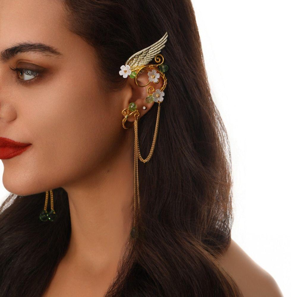 Left Ear Right Ear Crystal Elf Ear Clip Zinc Zinc Alloy Long Tassel Earrings Retro Flower Ear Clips Women