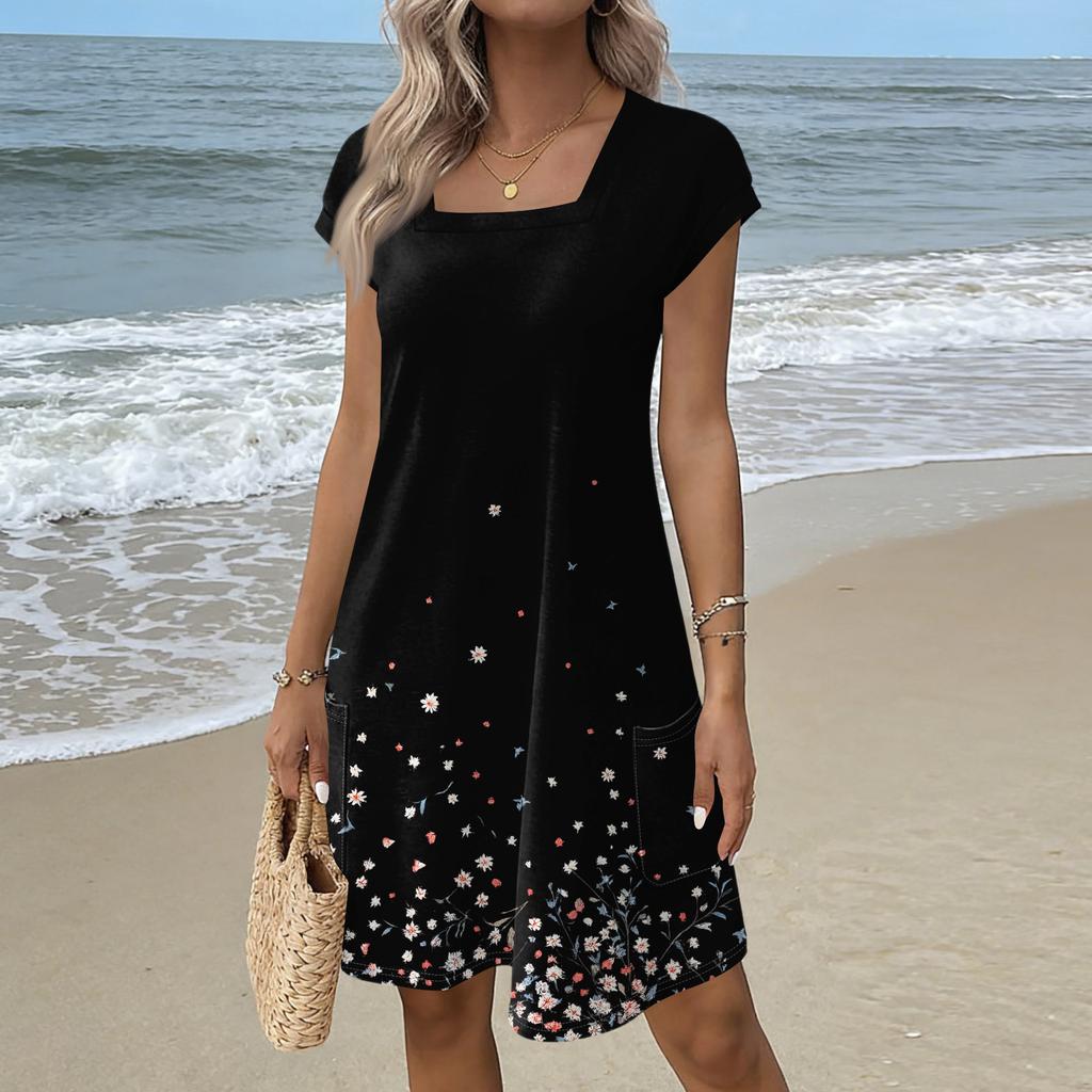 Summer Dresses For Women Loose Square Neck Cap Sleeve Casual Beach Vacation Tshirt Dress Sundresses With Pockets
