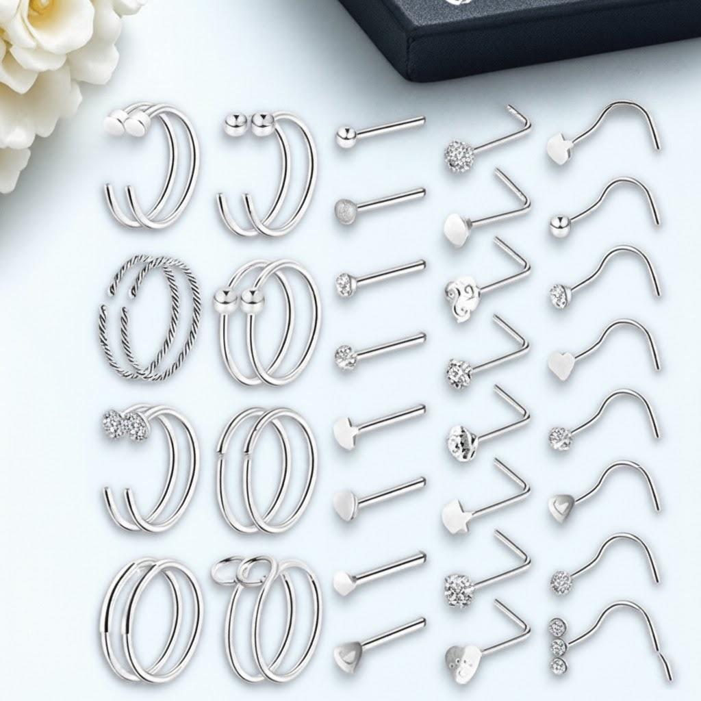 

40Pcs 316L Stainless Steel Nose Rings Set Clip On Studs Fake Hoops Body Jewelry for Men and Women