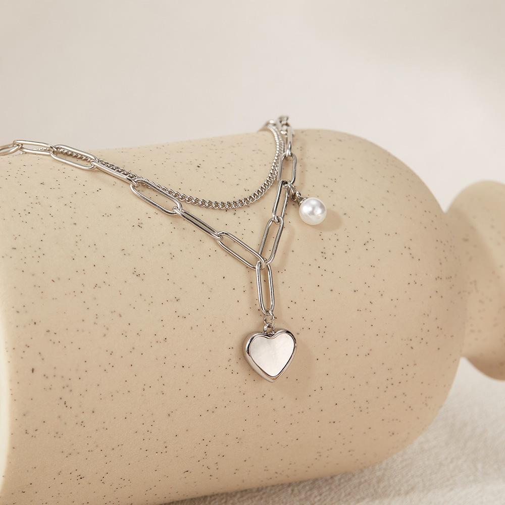 Fashion niche design personalized double-layer bracelet temperament versatile heart simulation pearl stainless steel bracelet