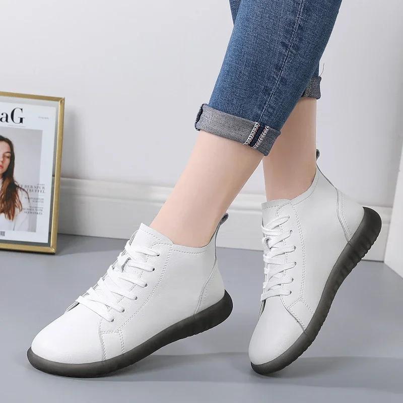 High Top Fashion Sneakers Ladies Non-Slip Lace Up Walking Boots High Quality Genuine Leather Waterproof Casual Shoes Women Soft