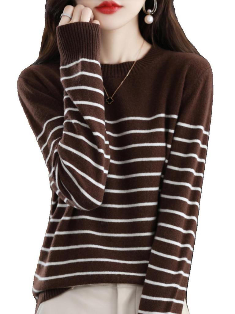 Women's Wool Round Neck Sweater - Autumn/Winter Striped Loose Knit Base Layer