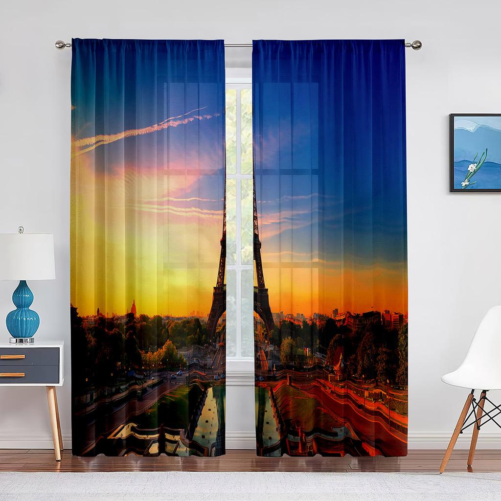 Paris Eiffel Tower Trees European City Landscape Voile Curtain Window Treatment Tulle Curtains for Living Room Sheer Curtains