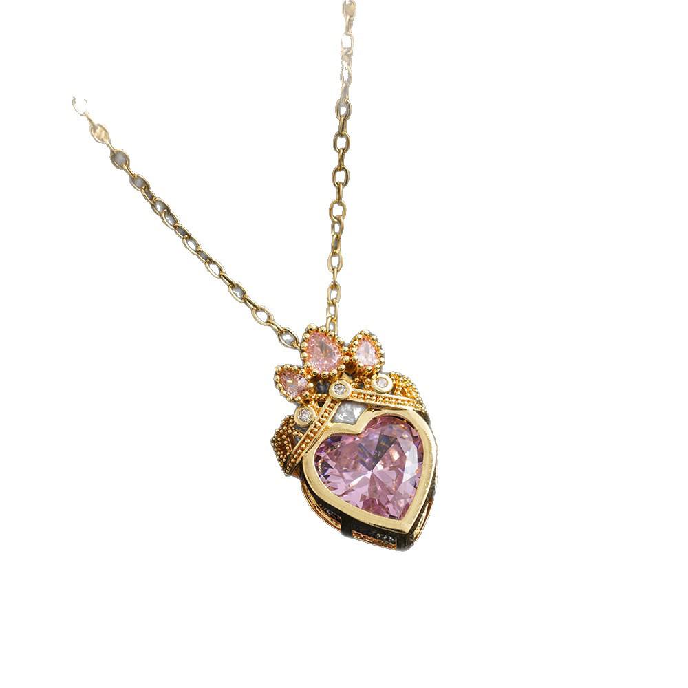 Pink Crown Heart Necklace: Titanium Steel Clavicle Chain with Light Luxury & Niche Design, Versatile Accessory
