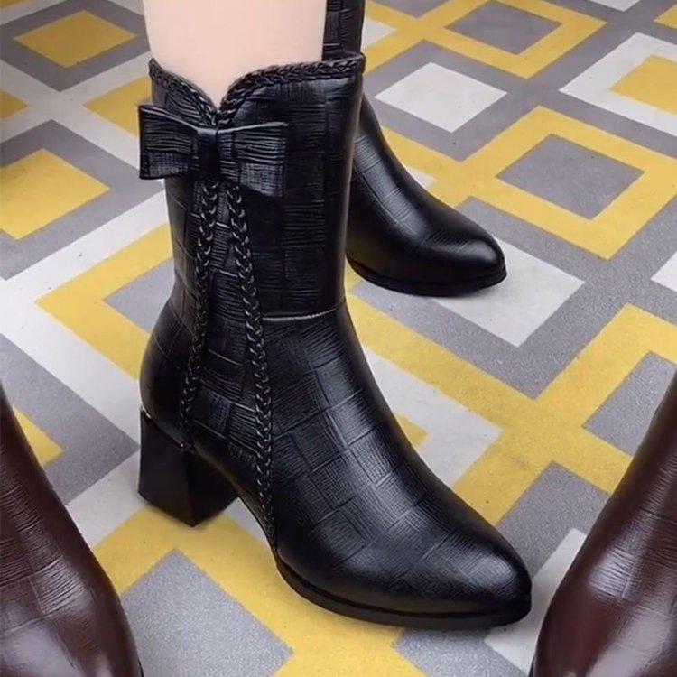 Neue Martin-Stiefel trendige Herbst- und Winter-Samt-Dicke-Ferse Hohe Ferse Mittlerer Schaft Einzelne Stiefel Baumwollstiefel