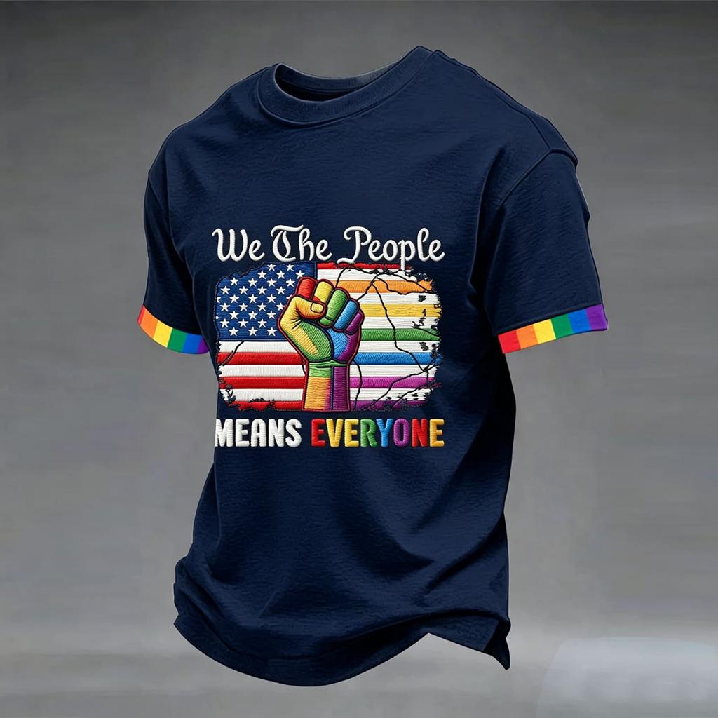 Short Sleeve Crew Neck T Shirt with Graphic Print United States Flag Raised Fist Lettering Design Casual Fit Unisex Top