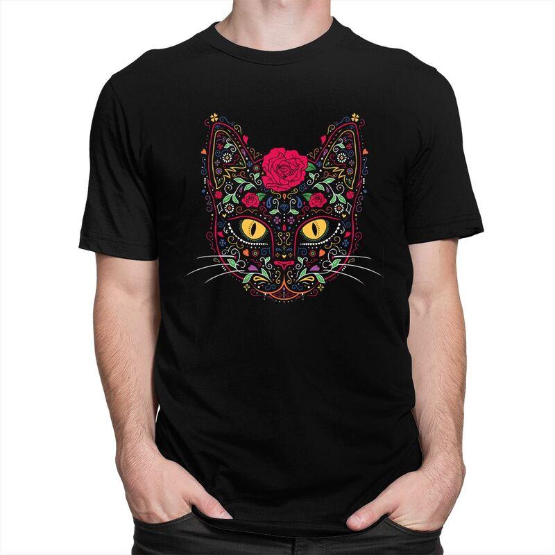 Custom Cool Day Of The Dead Kitten Cat Sugar Skull T Shirt Men Short Sleeve Pure Cotton Tshirt Tees Streetwear Tshirt