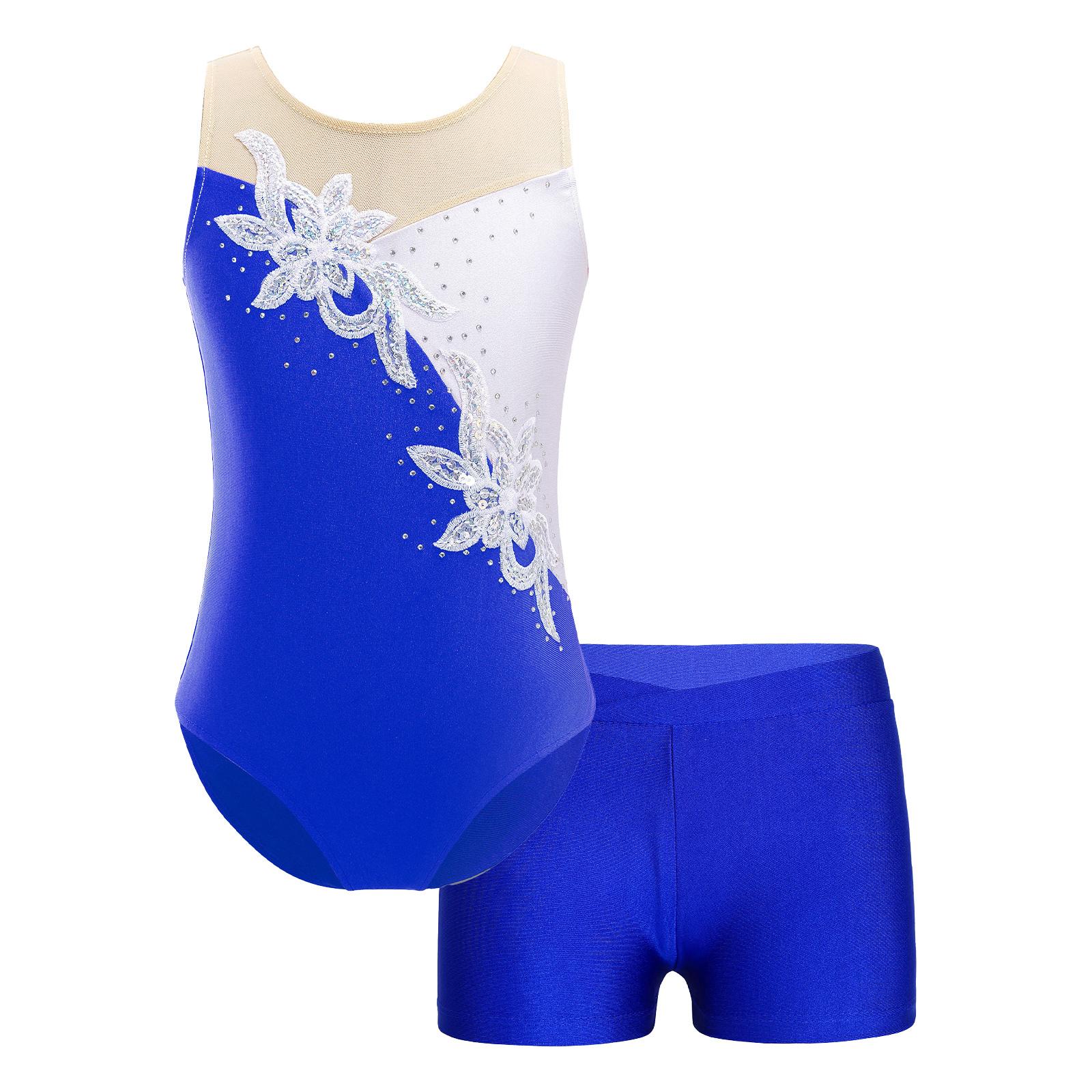 

Girls Sleeveless Dance Leotard Glitter Sequins Rhinestone Patchwork Design V Front Shorts for Gymnastics 13-14 Years королівський синій колір